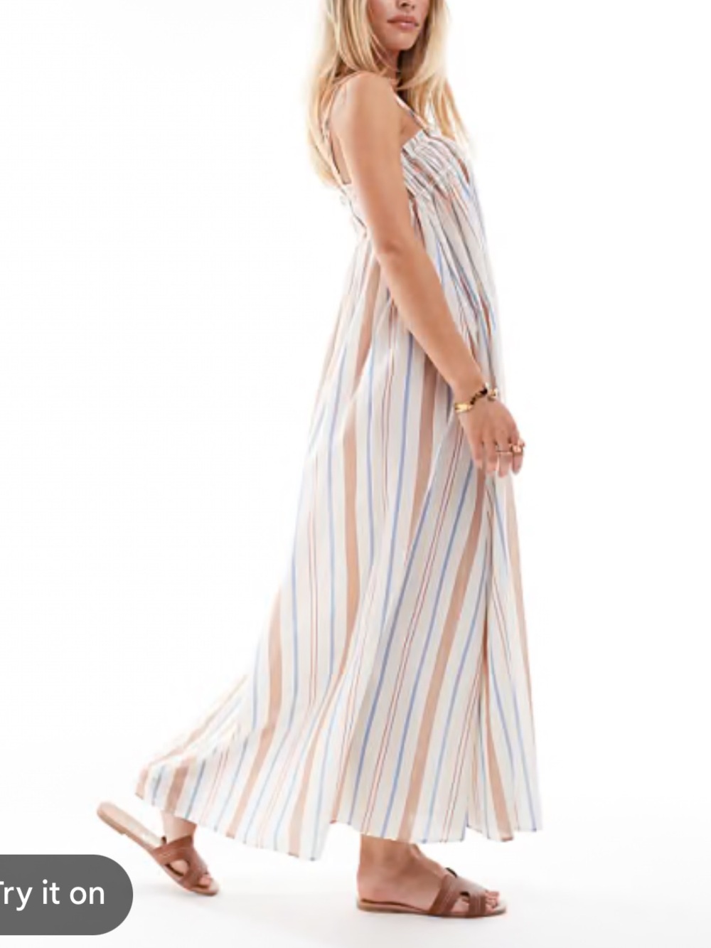ASOS Striped Maxi Beach Dress in White, Blue & Tan